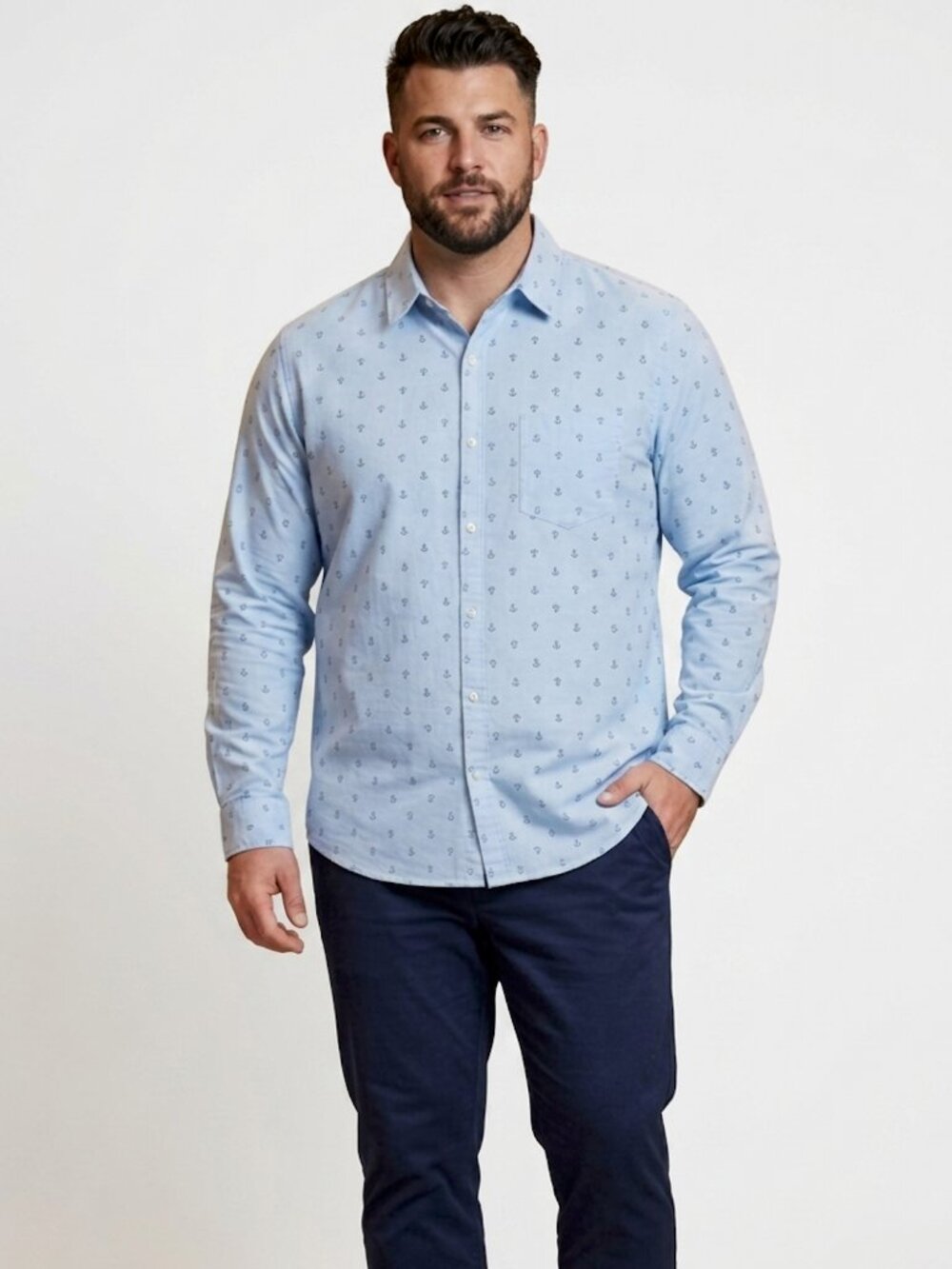 Light Blue Anchor Print Button Down Shirt - Summer Business Casual (Mens)